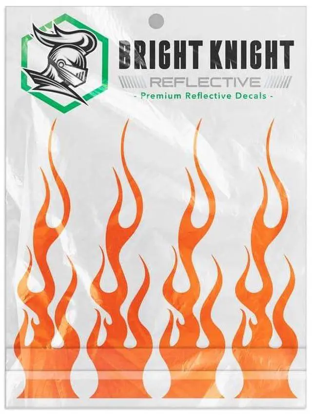 Main image of Reflective Flame Stickers, Motorcycle Decals, Orange | Set of 4 Fire-Design Dirt Bike Stickers for Frames, Waterproof 3M Vinyl Helmet Decals for Racing, Bicycles, Cars, and Trucks
