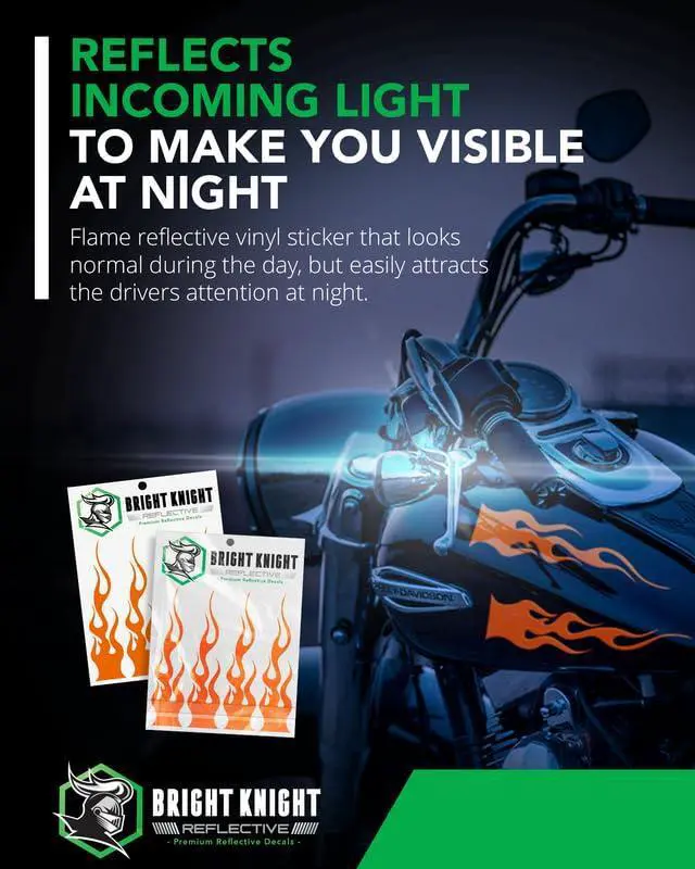 Alt view image 2 of 7 - Reflective Flame Stickers, Motorcycle Decals, Orange | Set of 4 Fire-Design Dirt Bike Stickers for Frames, Waterproof 3M Vinyl Helmet Decals for Racing, Bicycles, Cars, and Trucks