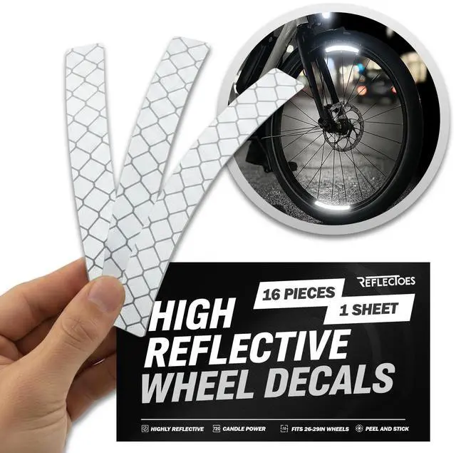 Main image of Reflective Wheel Rim Stickers - 16 Pcs Reflective Decals, 720+ Candle Power Wheel Reflectors for Bike | Bikes & Helmets, Wheel Rim Use, Scooter Compatible, Safety Stickers, Retroreflective
