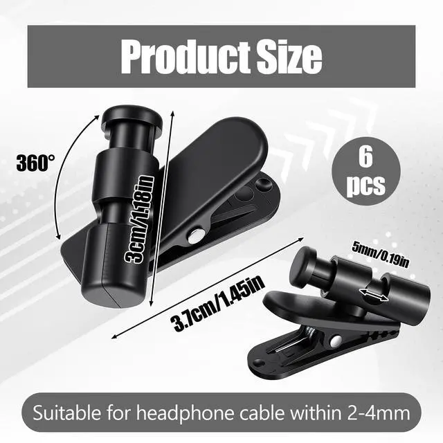 Alt view image 2 of 7 - 6 Pack Headphone Wire Clips, Rotatable Wire Clips Cable Cord Clamp Hooks Collar Clothing Clip Earphone Winder Earbud Cable Clip Clamp Hooks to Keep Microphone Cord for 2-4mmDiameter Round