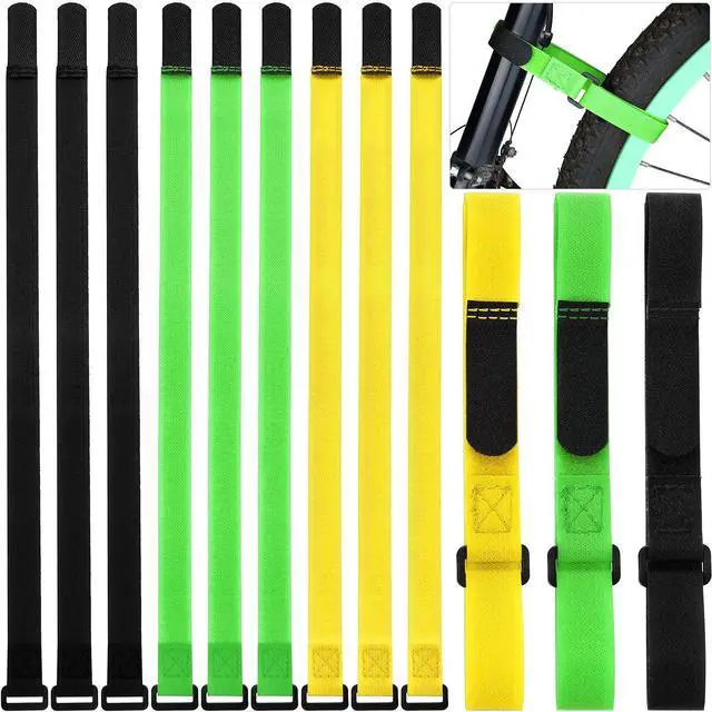 Main image of 12 Pieces Bike Rack Straps 23.6 Inches Adjustable Bike Cinch Straps Wheel Stabilizer Bicycle Accessories for Transporting Bicycles(Black, Green, Yellow)