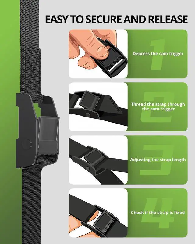 Alt view image 6 of 7 - Lashing Straps with Buckles, 0.75'' x 48'' Tie Down Straps Ratchet | Adjustable Cam Buckle Pull Luggage Straps Cinch Strap for Packing Cargo Trucks Motorcycle Kayak Bike Rack Black 4 Pack