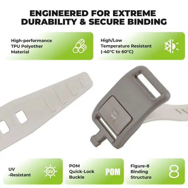 Alt view image 3 of 6 - 2-Pack Stiff TPU Utility Straps, 80kgf for Bike Moto Ski | 8-Figure Lock, 360° Wrap, Rigid TPU,-40~140°F, Connectable, Grey