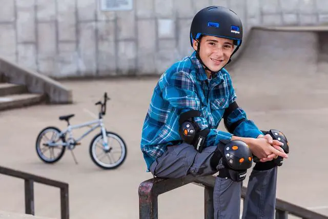 Alt view image 7 of 7 - Kids BMX Bike Gel Knee and Elbow Pad Set, Multi-Sport Protective Gear for Boys and Girls Age 8 and Up, Kneesavers and Elbowsavers, Black/Orange