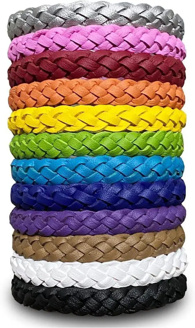 Main image of 12 Pcs Leather Mosquito Repellent Bracelets, Solid Color Individually Wrapped Soft Leather Insect & Bug Repellent Wrist Bands for Kids & Adults Outdoor Camping Fishing Traveling