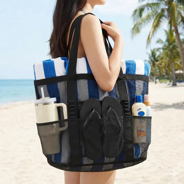 Alt view image 3 of 7 - Mesh Beach Bags for Women - Plus Waterproof Sandproof Tote Bag with 8 Pockets and 1 inner Zipper Closure Pockets