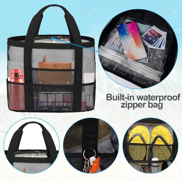 Alt view image 4 of 7 - Mesh Beach Bags for Women - Plus Waterproof Sandproof Tote Bag with 8 Pockets and 1 inner Zipper Closure Pockets