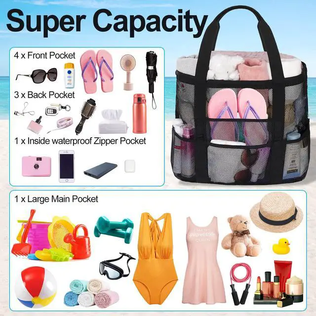 Alt view image 5 of 7 - Mesh Beach Bags for Women - Plus Waterproof Sandproof Tote Bag with 8 Pockets and 1 inner Zipper Closure Pockets