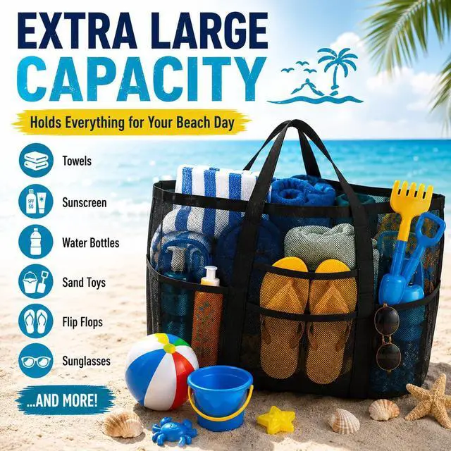 Alt view image 4 of 7 - Mesh Beach Bag - Large Tote Bag for Family , Toys & Vacation Essentials