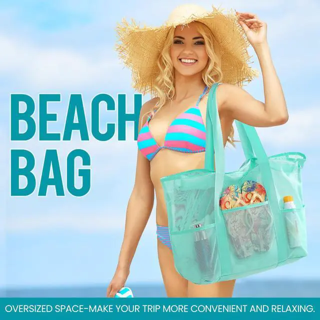 Alt view image 2 of 7 - Mesh Beach Bag for Women, Large Waterproof Sandproof Tote Bags | Lightweight & Foldable 5 Pockets Zipper Beach Bag, Inner Security Pocket, Quick-Dry Fabric, for Vacation Beach Essentials
