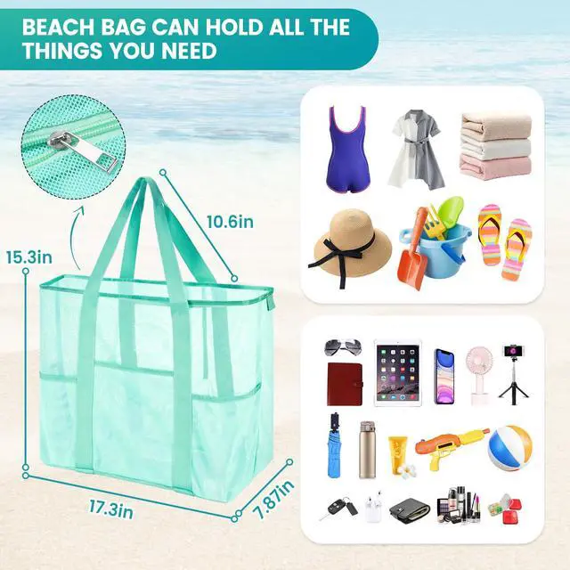Alt view image 4 of 7 - Mesh Beach Bag for Women, Large Waterproof Sandproof Tote Bags | Lightweight & Foldable 5 Pockets Zipper Beach Bag, Inner Security Pocket, Quick-Dry Fabric, for Vacation Beach Essentials