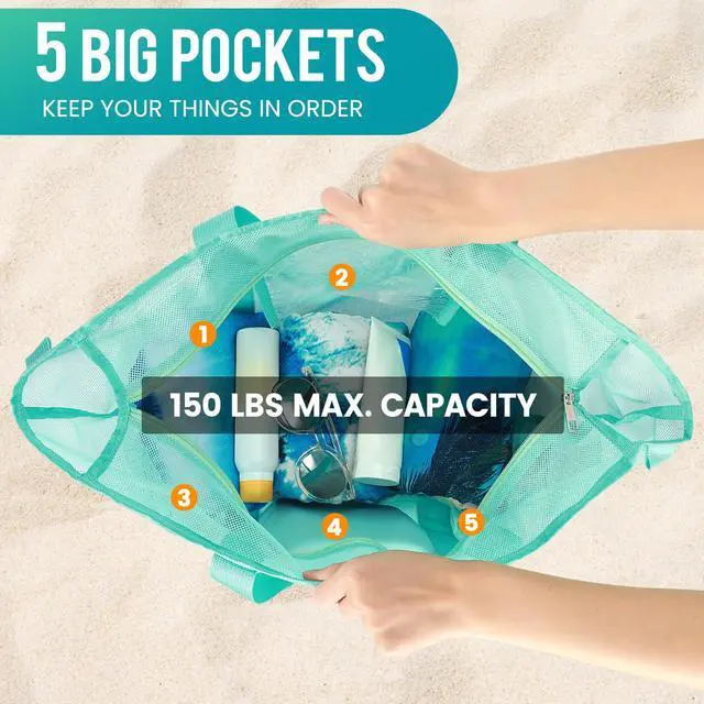 Alt view image 5 of 7 - Mesh Beach Bag for Women, Large Waterproof Sandproof Tote Bags | Lightweight & Foldable 5 Pockets Zipper Beach Bag, Inner Security Pocket, Quick-Dry Fabric, for Vacation Beach Essentials