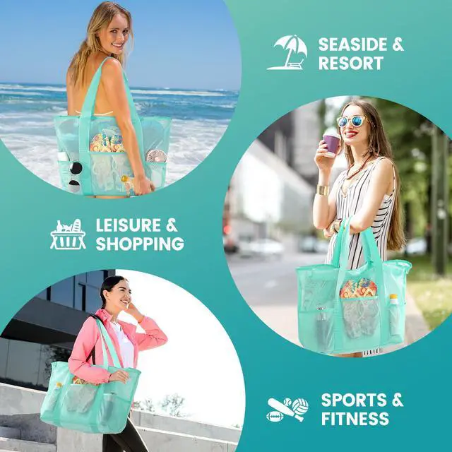Alt view image 6 of 7 - Mesh Beach Bag for Women, Large Waterproof Sandproof Tote Bags | Lightweight & Foldable 5 Pockets Zipper Beach Bag, Inner Security Pocket, Quick-Dry Fabric, for Vacation Beach Essentials