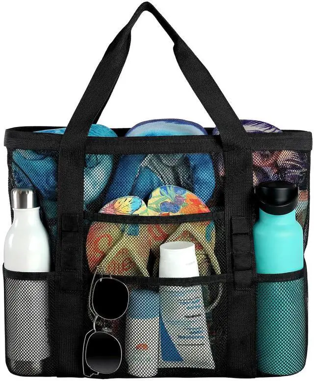 Main image of Mesh Beach Tote Bags for Women Large 8 Pockets SandProof Waterproof | 7 Mesh Pockets & Inner PVC Waterproof Pocket,Foldable,Sand-filter Mesh,Large Capacity,Tear-resistant Fabric,Reinforced Trims