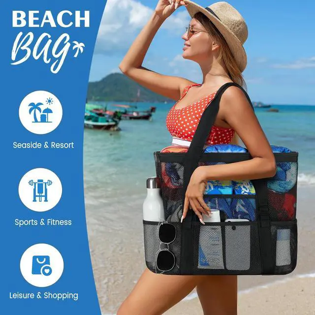 Alt view image 2 of 7 - Mesh Beach Tote Bags for Women Large 8 Pockets SandProof Waterproof | 7 Mesh Pockets & Inner PVC Waterproof Pocket,Foldable,Sand-filter Mesh,Large Capacity,Tear-resistant Fabric,Reinforced Trims