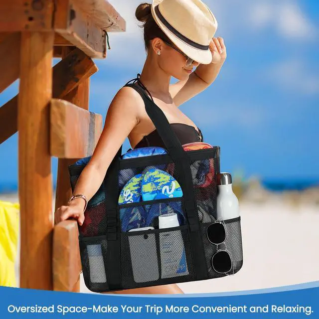 Alt view image 3 of 7 - Mesh Beach Tote Bags for Women Large 8 Pockets SandProof Waterproof | 7 Mesh Pockets & Inner PVC Waterproof Pocket,Foldable,Sand-filter Mesh,Large Capacity,Tear-resistant Fabric,Reinforced Trims