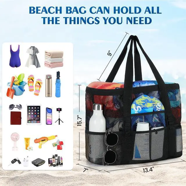 Alt view image 4 of 7 - Mesh Beach Tote Bags for Women Large 8 Pockets SandProof Waterproof | 7 Mesh Pockets & Inner PVC Waterproof Pocket,Foldable,Sand-filter Mesh,Large Capacity,Tear-resistant Fabric,Reinforced Trims