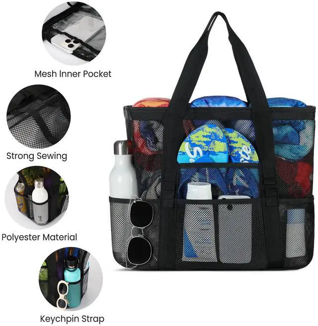 Alt view image 5 of 7 - Mesh Beach Tote Bags for Women Large 8 Pockets SandProof Waterproof | 7 Mesh Pockets & Inner PVC Waterproof Pocket,Foldable,Sand-filter Mesh,Large Capacity,Tear-resistant Fabric,Reinforced Trims