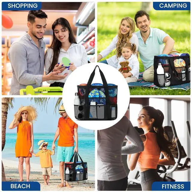 Alt view image 7 of 7 - Mesh Beach Tote Bags for Women Large 8 Pockets SandProof Waterproof | 7 Mesh Pockets & Inner PVC Waterproof Pocket,Foldable,Sand-filter Mesh,Large Capacity,Tear-resistant Fabric,Reinforced Trims