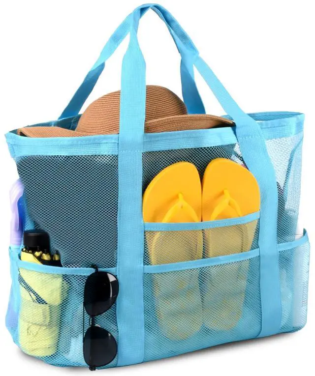 Main image of Mesh Beach Bag,Large Beach Bags for Women with 8 Pockets,Packable Tote Bag for Beach Cruise Pool Vacation Essentials (Sky Blue)