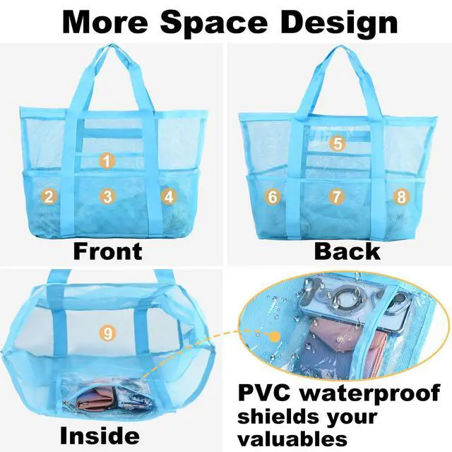 Alt view image 5 of 7 - Mesh Beach Bag,Large Beach Bags for Women with 8 Pockets,Packable Tote Bag for Beach Cruise Pool Vacation Essentials (Sky Blue)