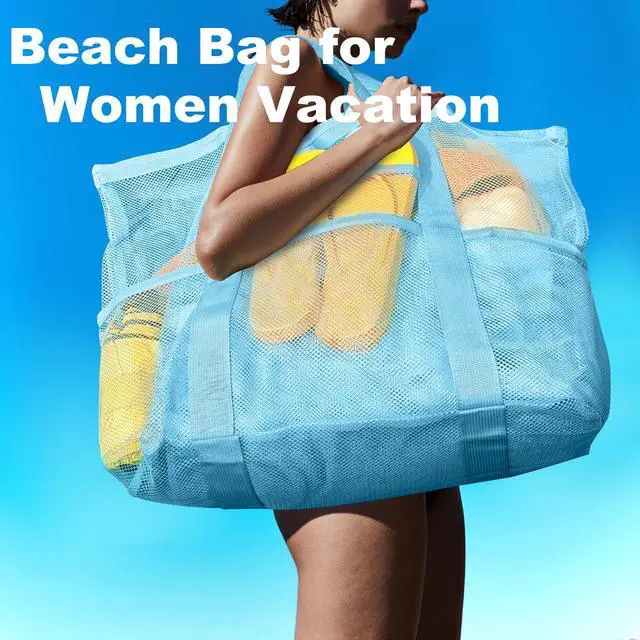 Alt view image 3 of 7 - Mesh Beach Bag,Large Beach Bags for Women with 8 Pockets,Packable Tote Bag for Beach Cruise Pool Vacation Essentials (Sky Blue)