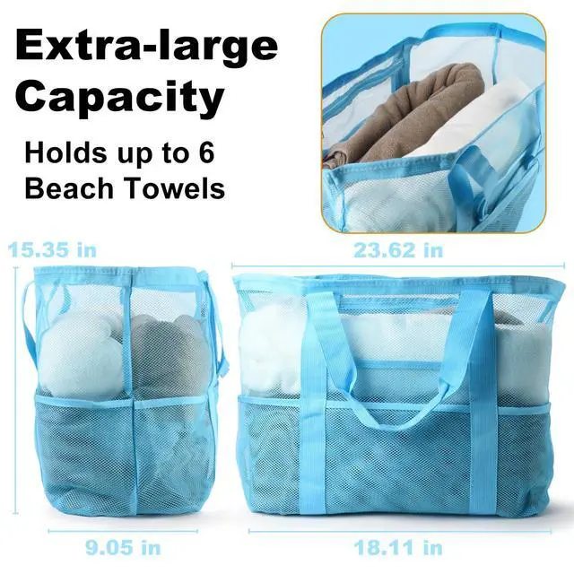 Alt view image 6 of 7 - Mesh Beach Bag,Large Beach Bags for Women with 8 Pockets,Packable Tote Bag for Beach Cruise Pool Vacation Essentials (Sky Blue)