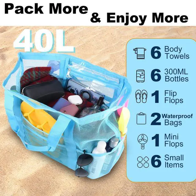 Alt view image 4 of 7 - Mesh Beach Bag,Large Beach Bags for Women with 8 Pockets,Packable Tote Bag for Beach Cruise Pool Vacation Essentials (Sky Blue)