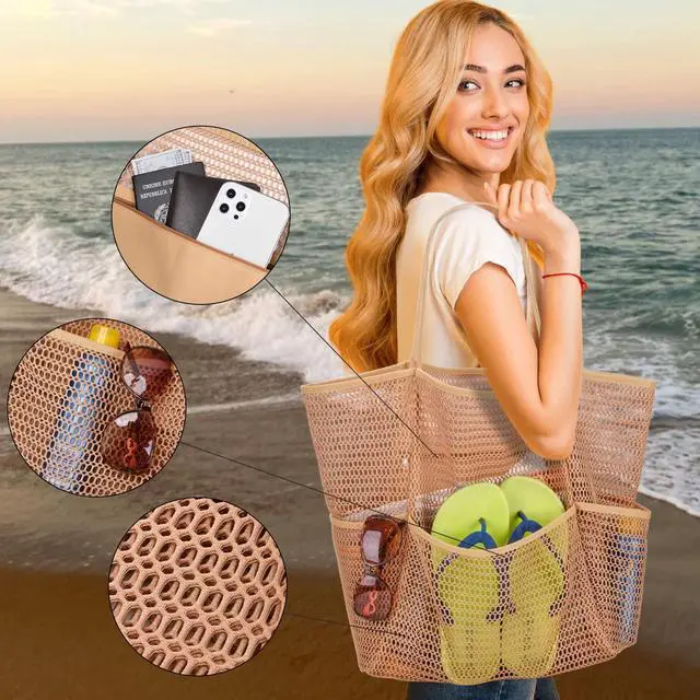 Alt view image 7 of 7 - Beach Mesh Tote Bag for Women, Large Travel & Pool Bag, Lightweight Vacation Cruise Tote (Arrives Inside Out Flip to Use)