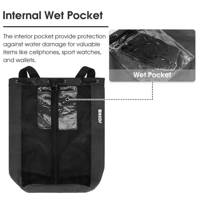 Alt view image 3 of 7 - Swim Bag for Swimmers, Mesh Beach Backpack (M,Black) | Drawstring, Wet Pocket, Adjustable Straps, For Snorkeling, Gym, Pool, Cruise, Camp, Water Park