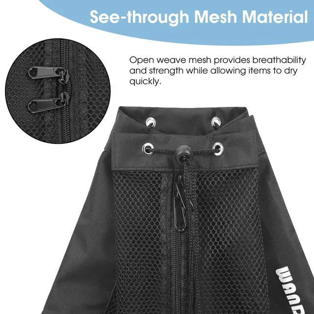 Alt view image 5 of 7 - Swim Bag for Swimmers, Mesh Beach Backpack (M,Black) | Drawstring, Wet Pocket, Adjustable Straps, For Snorkeling, Gym, Pool, Cruise, Camp, Water Park