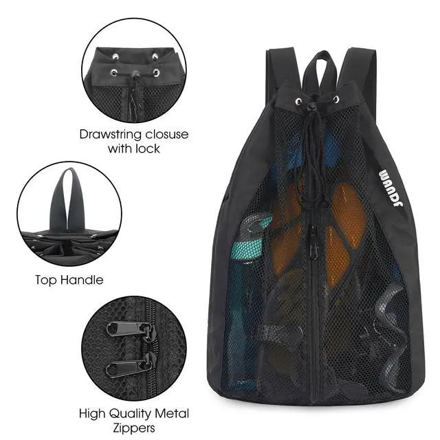 Alt view image 6 of 7 - Swim Bag for Swimmers, Mesh Beach Backpack (M,Black) | Drawstring, Wet Pocket, Adjustable Straps, For Snorkeling, Gym, Pool, Cruise, Camp, Water Park