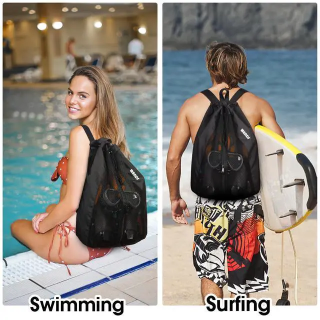Alt view image 7 of 7 - Swim Bag for Swimmers, Mesh Beach Backpack (M,Black) | Drawstring, Wet Pocket, Adjustable Straps, For Snorkeling, Gym, Pool, Cruise, Camp, Water Park