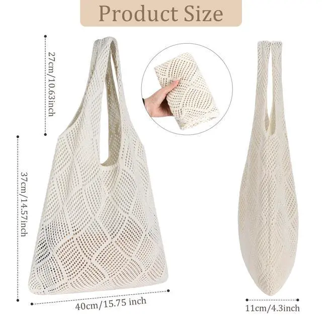 Alt view image 2 of 7 - Crochet Tote Bag, Mesh Beach Bag Knit Summer Hobo Bag for Women | Beach Tote bag Vacation Outfits Aesthetic Boho Bag