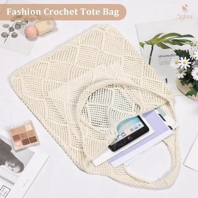 Alt view image 6 of 7 - Crochet Tote Bag, Mesh Beach Bag Knit Summer Hobo Bag for Women | Beach Tote bag Vacation Outfits Aesthetic Boho Bag