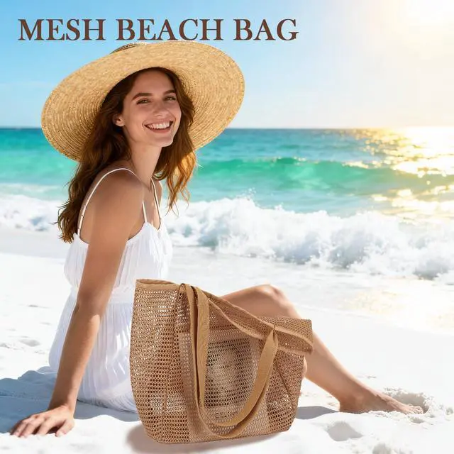 Alt view image 2 of 7 - Mesh Beach Bag for Women, Summer Straw Tote Hobo Pool Bags with Zipper Pocket, Travel Vacation Cruise Essentials 2026