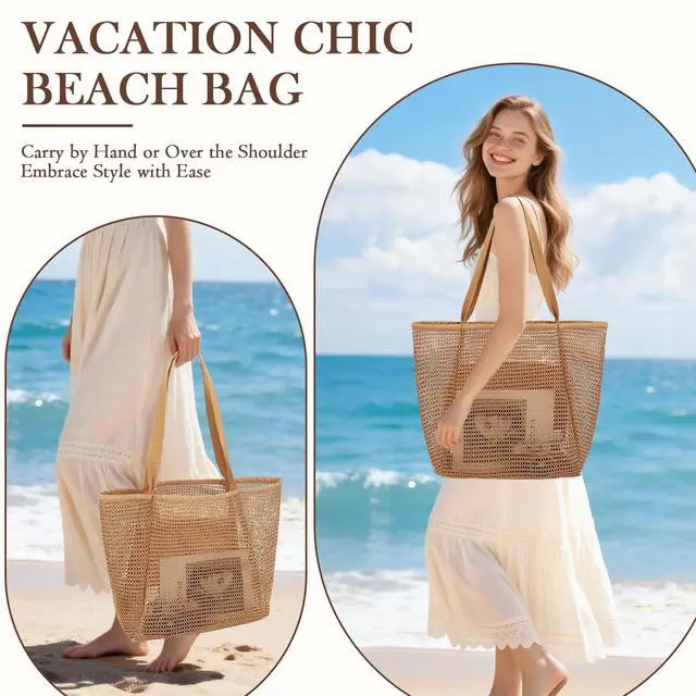 Alt view image 3 of 7 - Mesh Beach Bag for Women, Summer Straw Tote Hobo Pool Bags with Zipper Pocket, Travel Vacation Cruise Essentials 2026