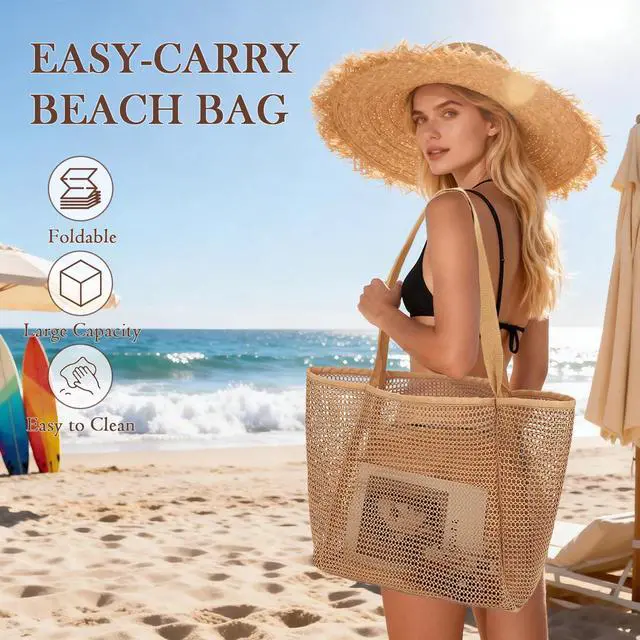 Alt view image 4 of 7 - Mesh Beach Bag for Women, Summer Straw Tote Hobo Pool Bags with Zipper Pocket, Travel Vacation Cruise Essentials 2026