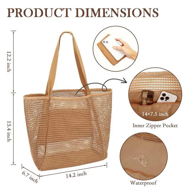 Alt view image 5 of 7 - Mesh Beach Bag for Women, Summer Straw Tote Hobo Pool Bags with Zipper Pocket, Travel Vacation Cruise Essentials 2026