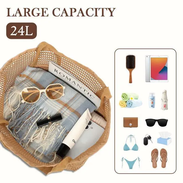 Alt view image 6 of 7 - Mesh Beach Bag for Women, Summer Straw Tote Hobo Pool Bags with Zipper Pocket, Travel Vacation Cruise Essentials 2026