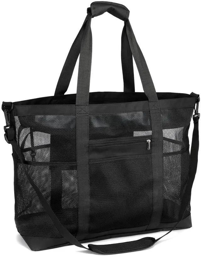 Main image of Mesh Beach Bag Family - XL Crossbody Tote Bag with Zipper for Beach, Black | 9 Pockets, Quick Dry, with Zipper Pocket, Portable Mesh Beach Tote Bag for Sand Toys, Towels, Pool, Travel Beach Essentials