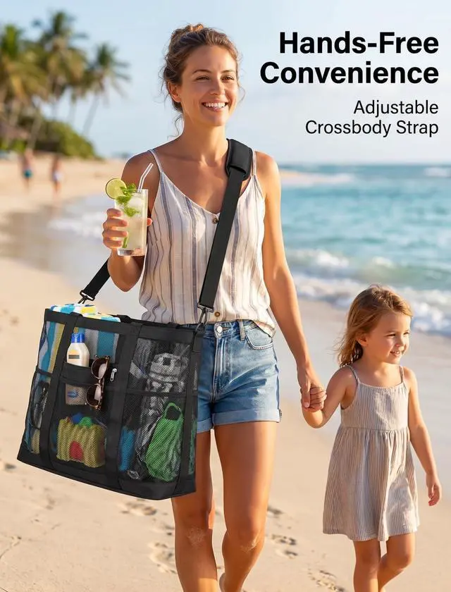 Alt view image 2 of 7 - Mesh Beach Bag Family - XL Crossbody Tote Bag with Zipper for Beach, Black | 9 Pockets, Quick Dry, with Zipper Pocket, Portable Mesh Beach Tote Bag for Sand Toys, Towels, Pool, Travel Beach Essentials