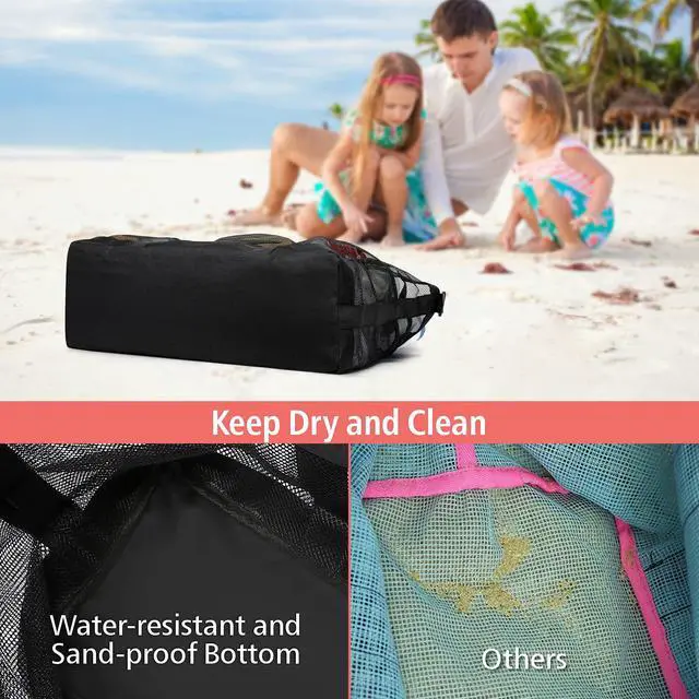 Alt view image 7 of 7 - Mesh Beach Bag Family - XL Crossbody Tote Bag with Zipper for Beach, Black | 9 Pockets, Quick Dry, with Zipper Pocket, Portable Mesh Beach Tote Bag for Sand Toys, Towels, Pool, Travel Beach Essentials