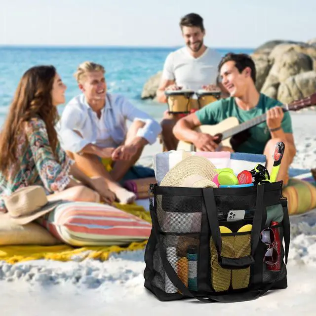 Alt view image 3 of 7 - Mesh Beach Bag Family - XL Crossbody Tote Bag with Zipper for Beach, Black | 9 Pockets, Quick Dry, with Zipper Pocket, Portable Mesh Beach Tote Bag for Sand Toys, Towels, Pool, Travel Beach Essentials