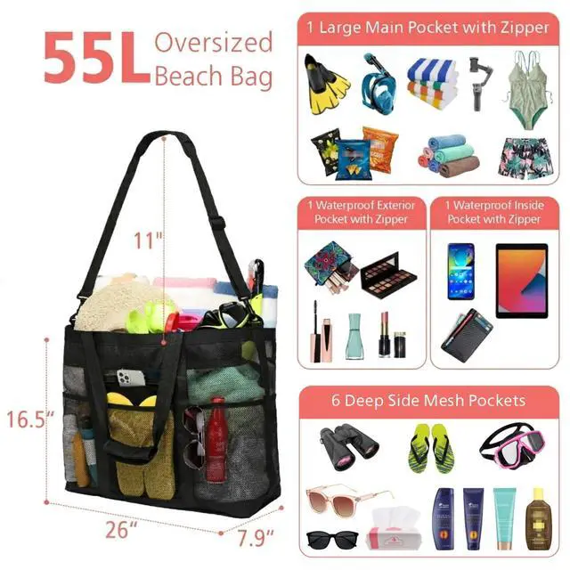 Alt view image 4 of 7 - Mesh Beach Bag Family - XL Crossbody Tote Bag with Zipper for Beach, Black | 9 Pockets, Quick Dry, with Zipper Pocket, Portable Mesh Beach Tote Bag for Sand Toys, Towels, Pool, Travel Beach Essentials