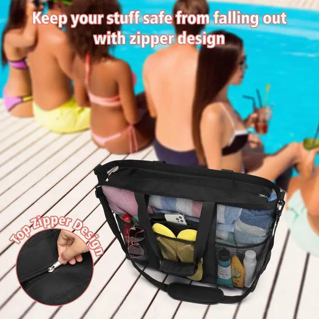 Alt view image 5 of 7 - Mesh Beach Bag Family - XL Crossbody Tote Bag with Zipper for Beach, Black | 9 Pockets, Quick Dry, with Zipper Pocket, Portable Mesh Beach Tote Bag for Sand Toys, Towels, Pool, Travel Beach Essentials