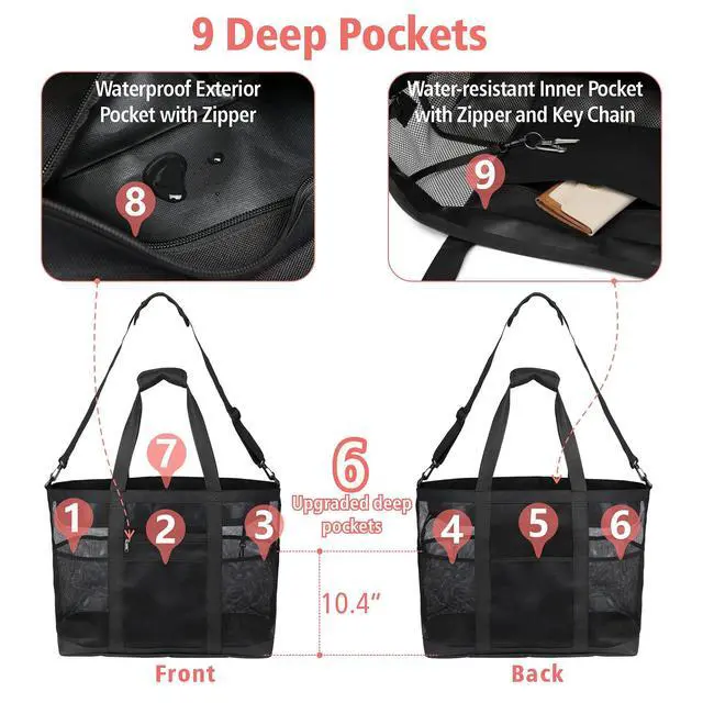 Alt view image 6 of 7 - Mesh Beach Bag Family - XL Crossbody Tote Bag with Zipper for Beach, Black | 9 Pockets, Quick Dry, with Zipper Pocket, Portable Mesh Beach Tote Bag for Sand Toys, Towels, Pool, Travel Beach Essentials