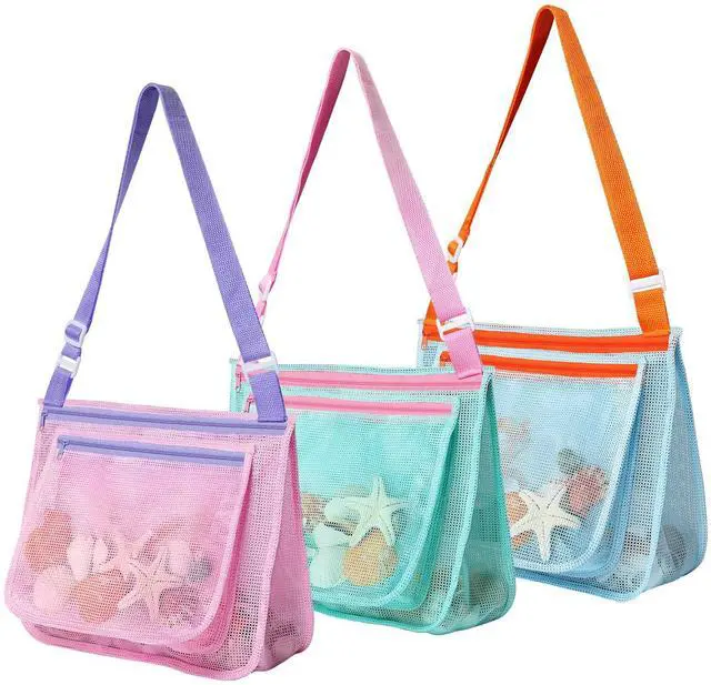 Main image of 3 Pcs Seashell Collecting Bag for Kids,Beach Mesh Bag with Adjustable Shoulder Straps,Beach Toys Swimming Accessories for Boys and Girls