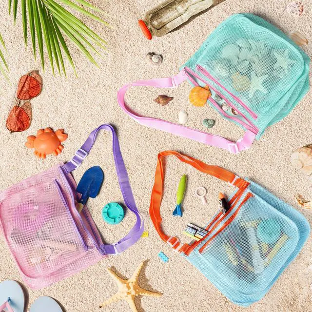 Alt view image 3 of 7 - 3 Pcs Seashell Collecting Bag for Kids,Beach Mesh Bag with Adjustable Shoulder Straps,Beach Toys Swimming Accessories for Boys and Girls
