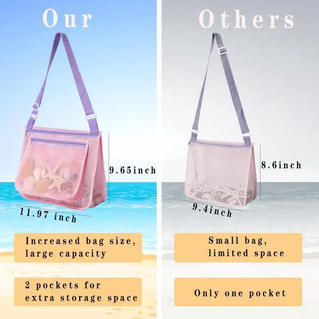 Alt view image 4 of 7 - 3 Pcs Seashell Collecting Bag for Kids,Beach Mesh Bag with Adjustable Shoulder Straps,Beach Toys Swimming Accessories for Boys and Girls